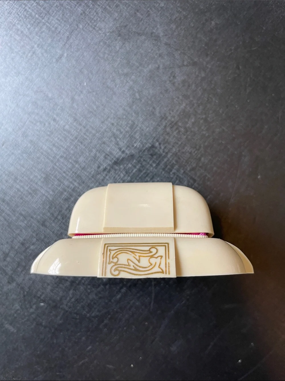 Vtg Dennison Art Deco Ring Box Celluloid Plastic Red Velvet Gold Scroll Accents
